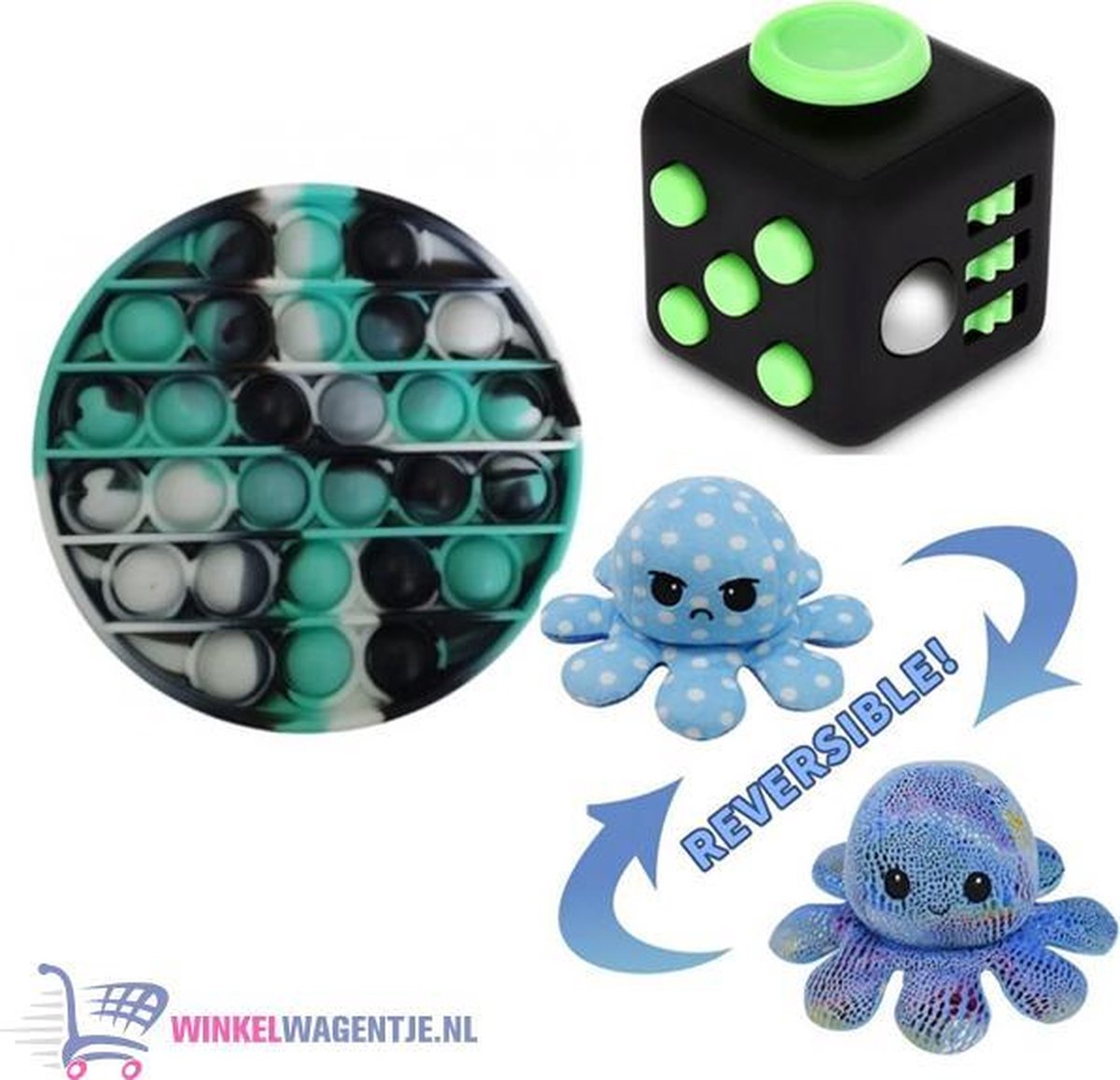 Pop It Fidget Aqua + Fidget Cube + Octopus Mood Knuffel (Shiny Blue) | pop it fidget toy goedkoop, fidget toy, fidget toys pakket, fidget toys pop it, fidget toys stressbal, speelgoed voor kinderen, TikTok Rainbow